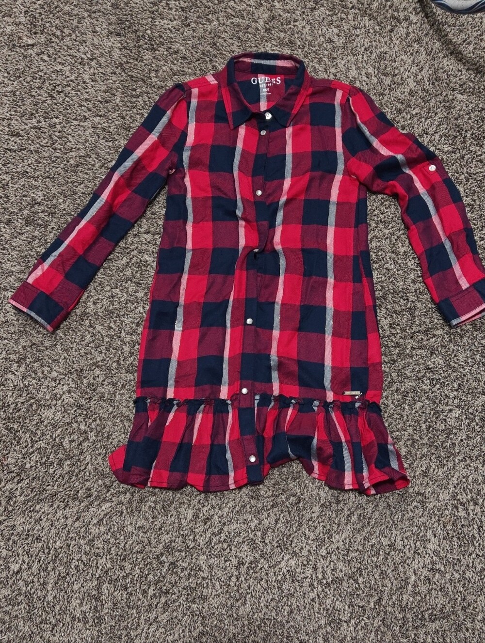 Guess Red and Navy Plaid Ruffle-Hem Nightgown